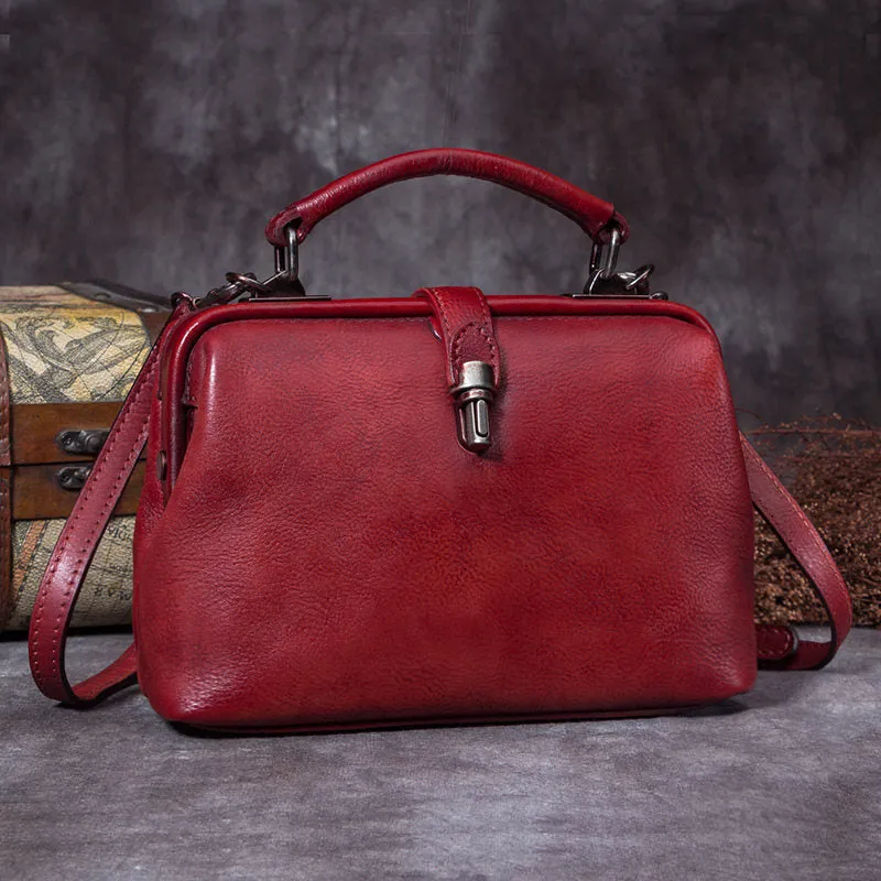 Handmade Red Leather Handbag Vintage Doctor Bag Shoulder Bag Purse For Women