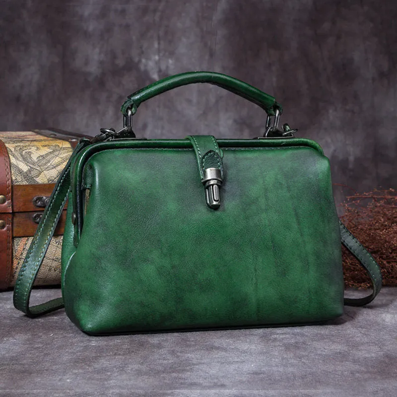 Handmade Red Leather Handbag Vintage Doctor Bag Shoulder Bag Purse For Women