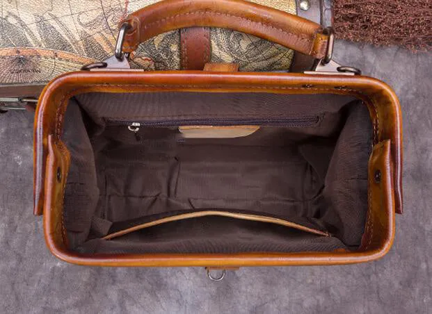 Handmade Tan Leather Handbag Vintage Doctor Bag Shoulder Bag Purse For Women