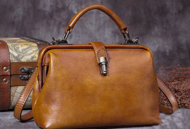 Handmade Tan Leather Handbag Vintage Doctor Bag Shoulder Bag Purse For Women