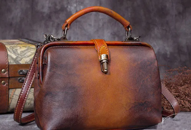 Handmade Tan Leather Handbag Vintage Doctor Bag Shoulder Bag Purse For Women