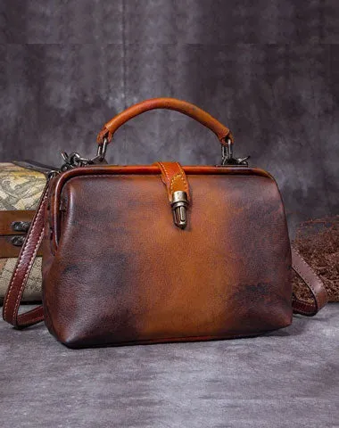 Handmade Tan Leather Handbag Vintage Doctor Bag Shoulder Bag Purse For Women