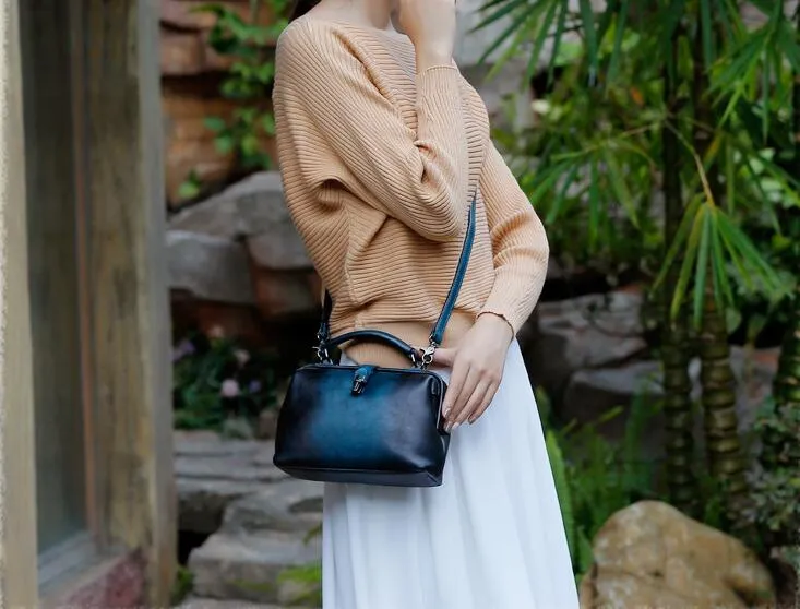 Handmade Tan Leather Handbag Vintage Doctor Bag Shoulder Bag Purse For Women