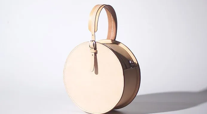 Handmade Womens Beige Leather Circle Handbag Round Purse Crossbody Bag for Women