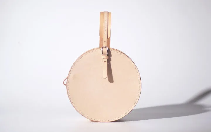Handmade Womens Beige Leather Circle Handbag Round Purse Crossbody Bag for Women