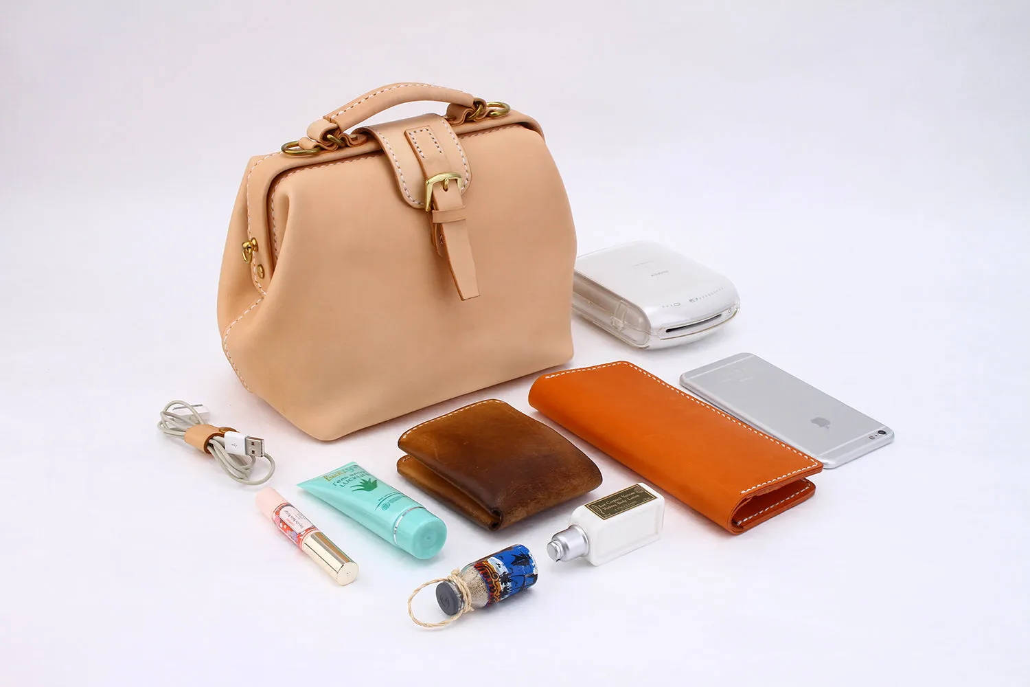 Handmade Womens Beige Leather doctor Handbag shoulder doctor bags Purse for women