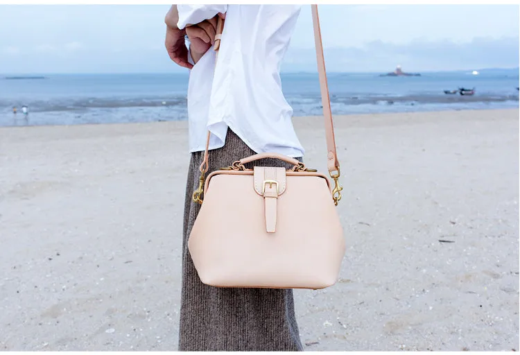 Handmade Womens Beige Leather doctor Handbag shoulder doctor bags Purse for women