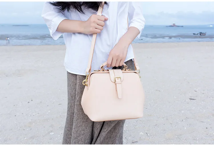 Handmade Womens Beige Leather doctor Handbag shoulder doctor bags Purse for women