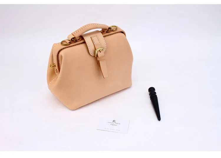 Handmade Womens Beige Leather doctor Handbag shoulder doctor bags Purse for women