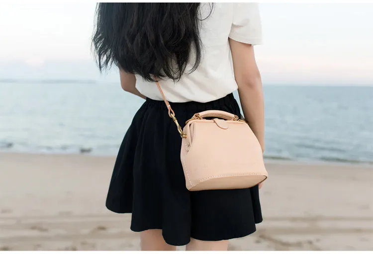 Handmade Womens Beige Leather Mini doctor Handbag shoulder doctor bags for women