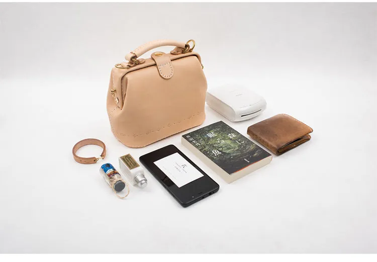 Handmade Womens Beige Leather Mini doctor Handbag shoulder doctor bags for women