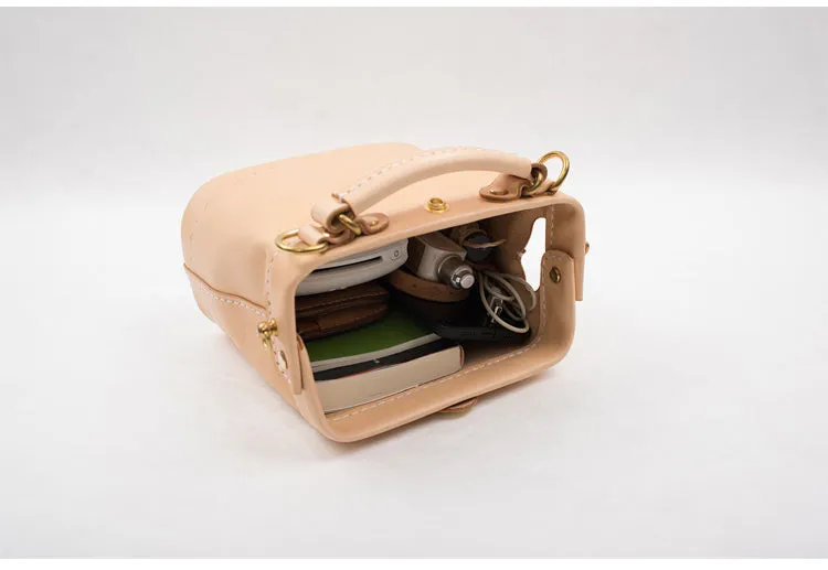 Handmade Womens Beige Leather Mini doctor Handbag shoulder doctor bags for women