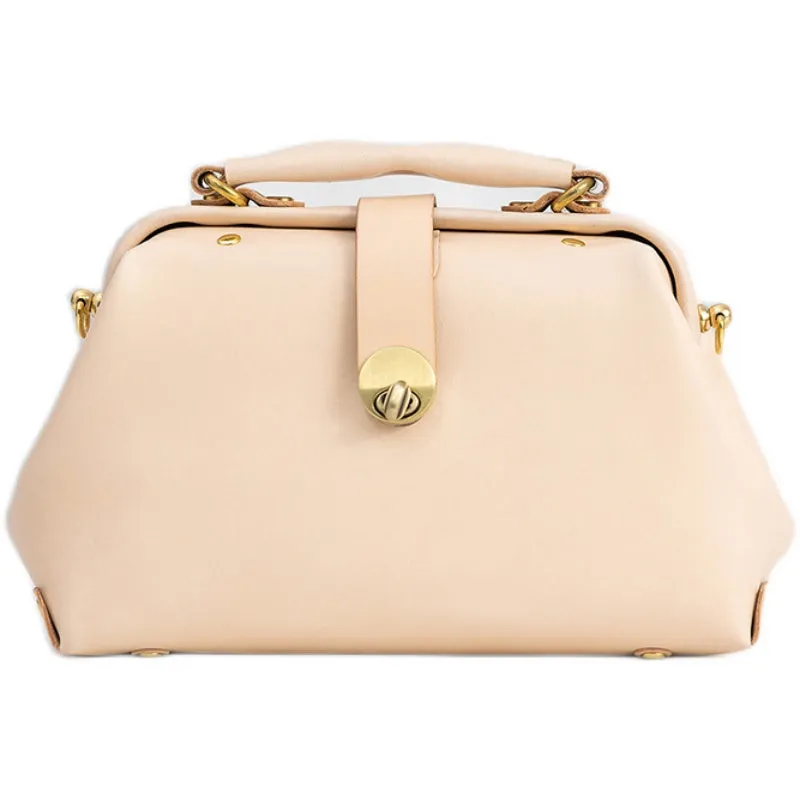 Handmade Womens Beige Small Leather Doctor Handbag Side Purse Doctor Purse for Women