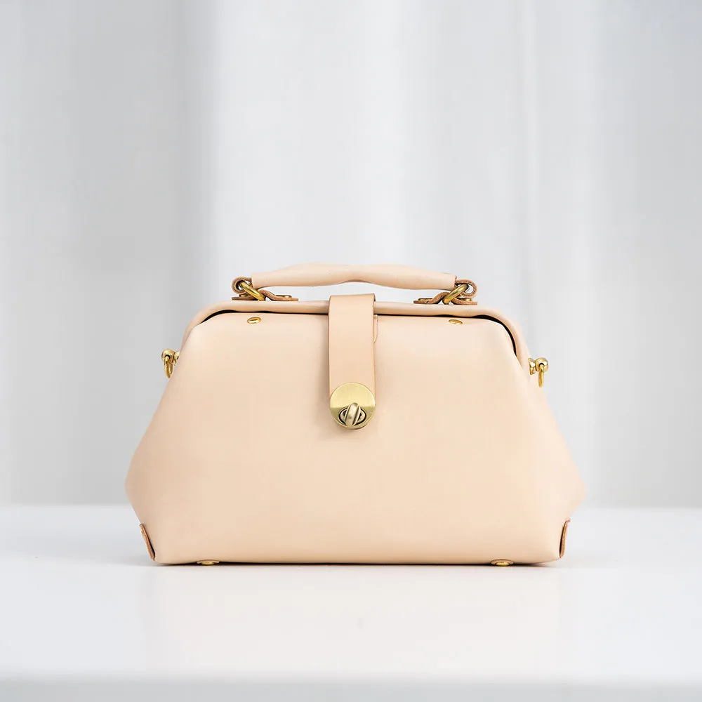Handmade Womens Beige Small Leather Doctor Handbag Side Purse Doctor Purse for Women