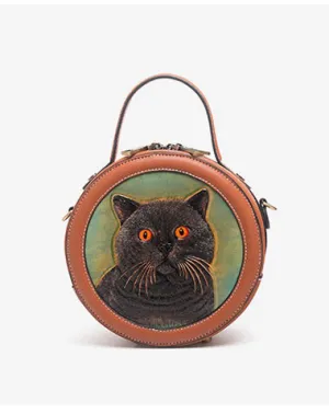 Handmade Womens Black Cat Leather Round Handbag Purse Round Crossbody Bag for Women
