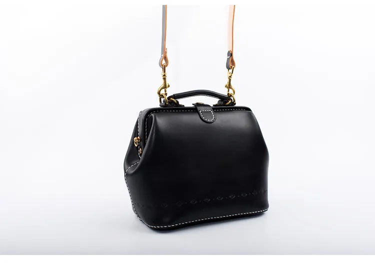 Handmade Womens Black Leather doctor Handbag shoulder doctor bags Purse for women