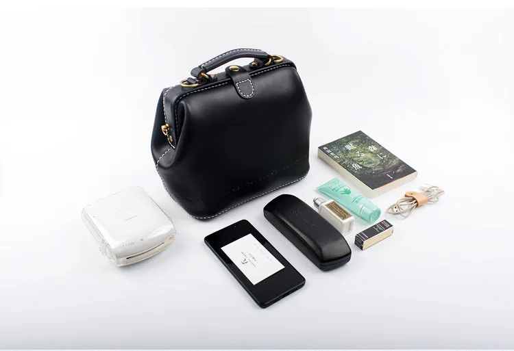 Handmade Womens Black Leather doctor Handbag shoulder doctor bags Purse for women