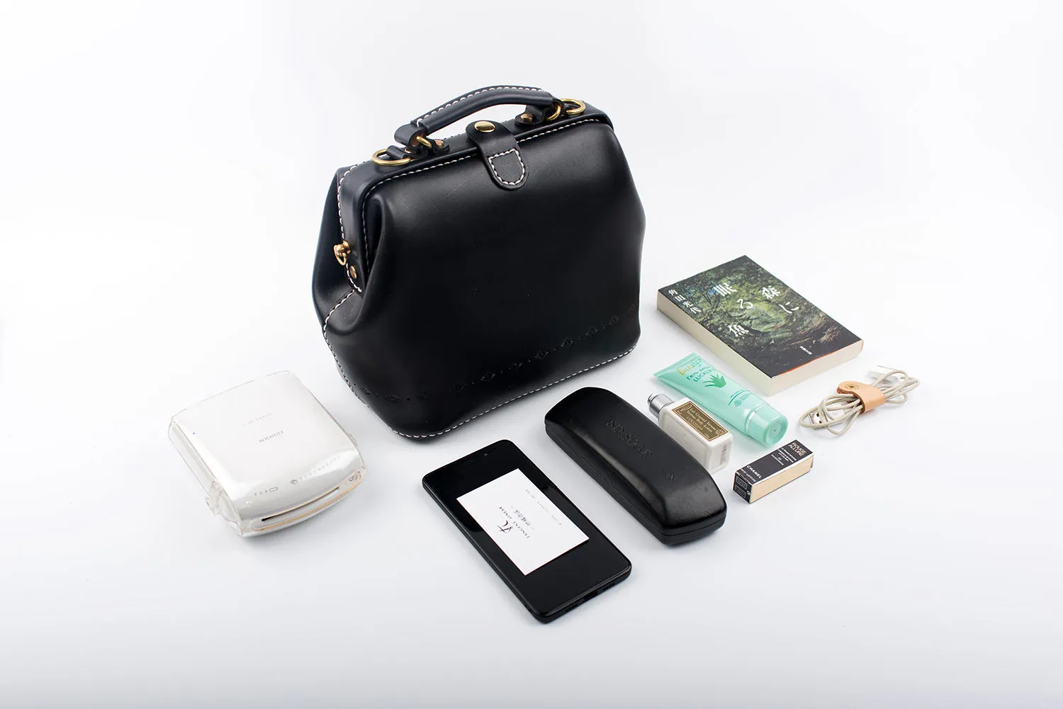 Handmade Womens Black Leather doctor Handbag shoulder doctor bags Purse for women