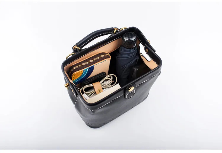 Handmade Womens Black Leather doctor Handbag shoulder doctor bags Purse for women