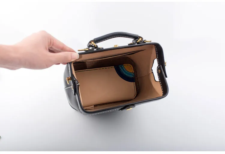 Handmade Womens Black Leather doctor Handbag shoulder doctor bags Purse for women