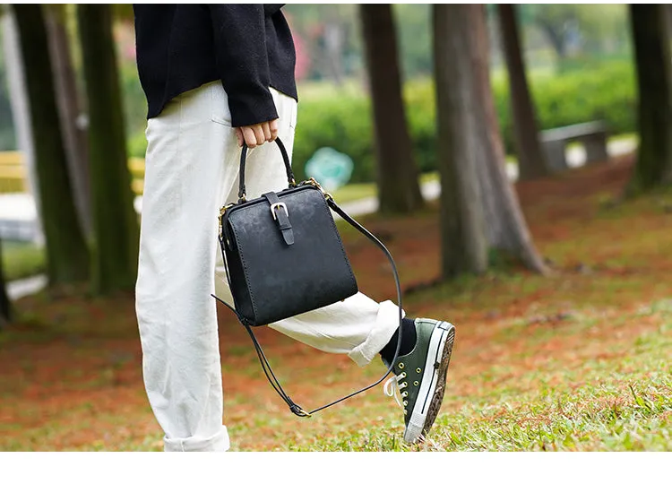 Handmade Womens Black Leather Doctor Handbag Side Purse Doctor Purse for Women