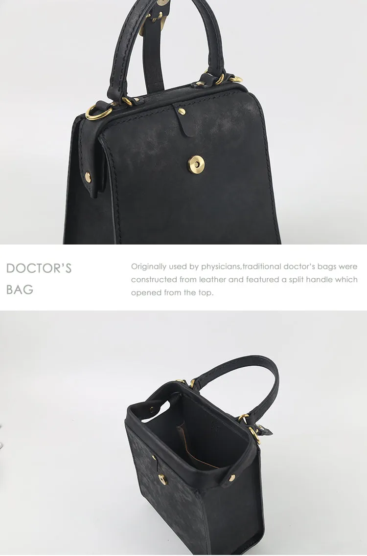 Handmade Womens Black Leather Doctor Handbag Side Purse Doctor Purse for Women