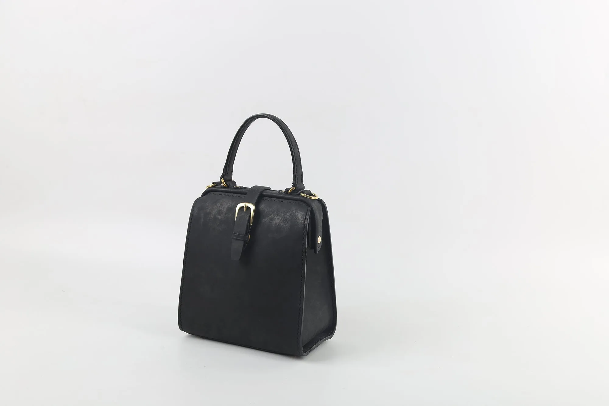 Handmade Womens Black Leather Doctor Handbag Side Purse Doctor Purse for Women