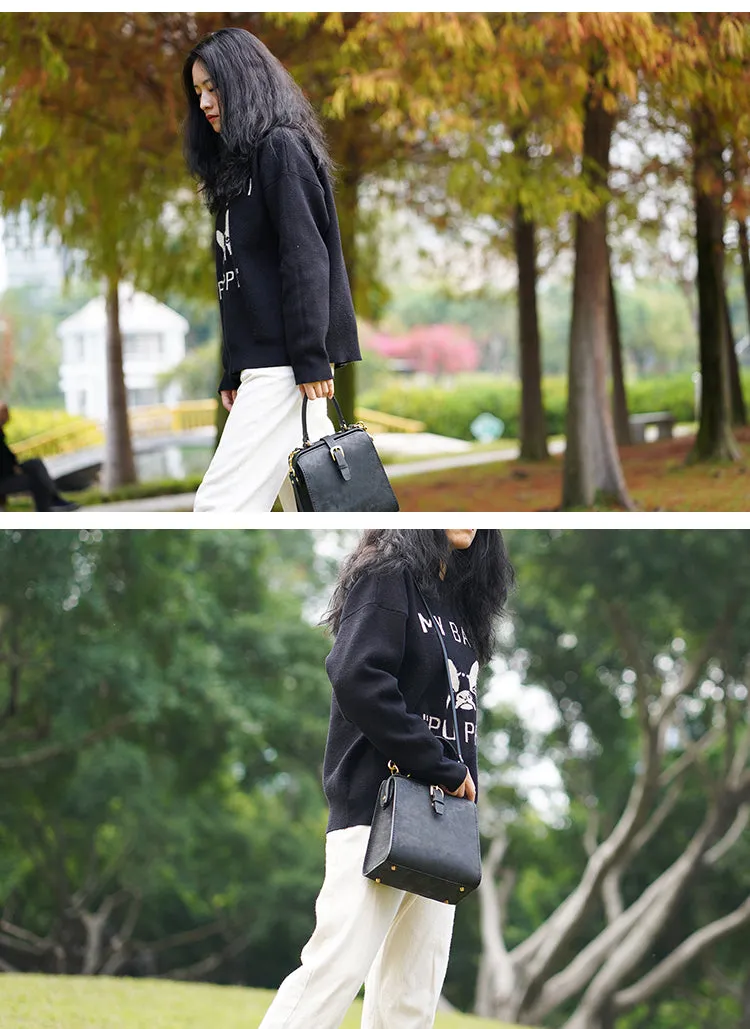 Handmade Womens Black Leather Doctor Handbag Side Purse Doctor Purse for Women