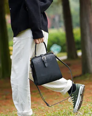 Handmade Womens Black Leather Doctor Handbag Side Purse Doctor Purse for Women