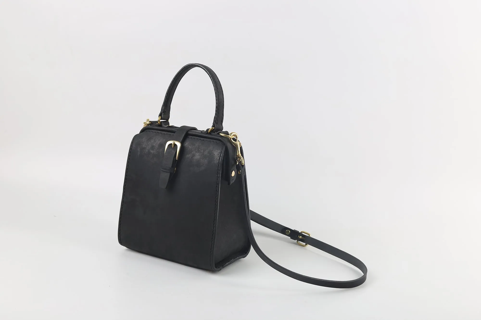 Handmade Womens Black Leather Doctor Handbag Side Purse Doctor Purse for Women