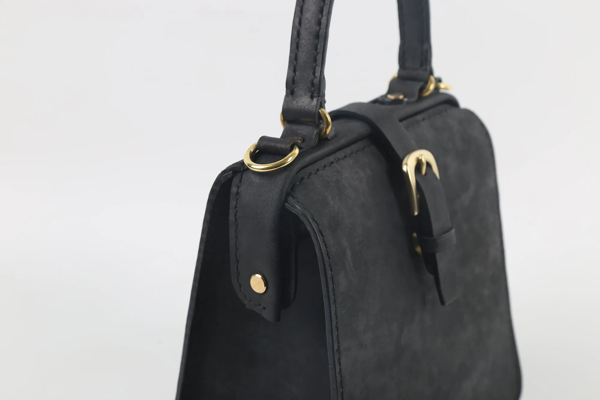 Handmade Womens Black Leather Doctor Handbag Side Purse Doctor Purse for Women