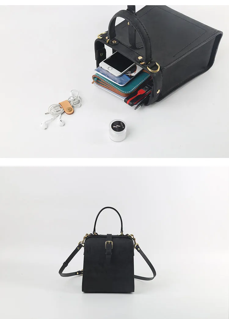 Handmade Womens Black Leather Doctor Handbag Side Purse Doctor Purse for Women