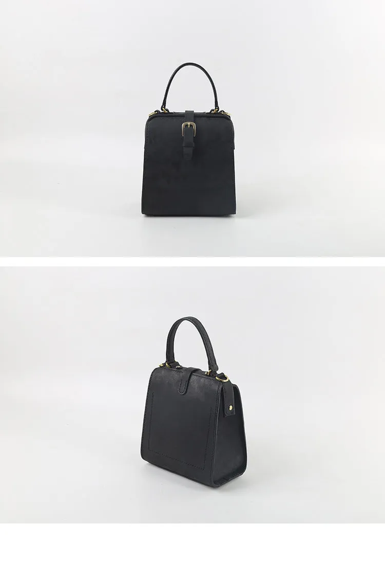 Handmade Womens Black Leather Doctor Handbag Side Purse Doctor Purse for Women