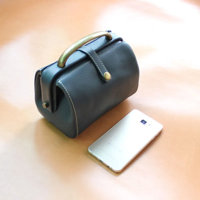 Handmade Womens Black Leather Mini Doctor Handbags Shoulder Purses Black Doctor Purses for Women