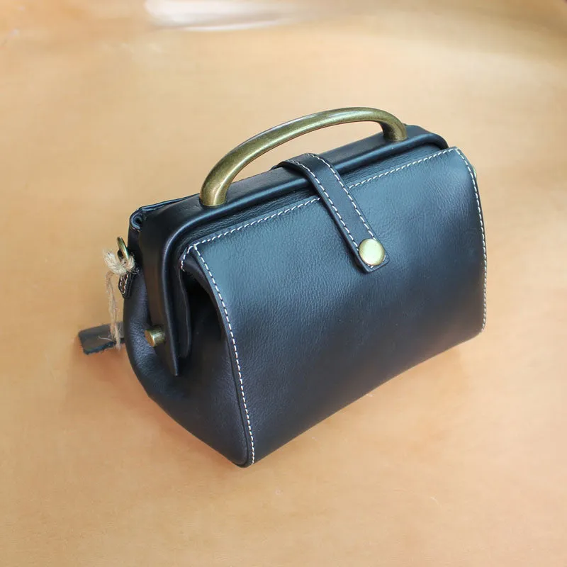 Handmade Womens Black Leather Mini Doctor Handbags Shoulder Purses Black Doctor Purses for Women