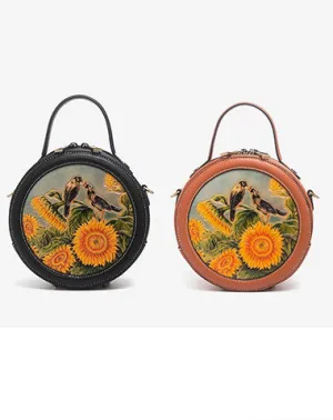 Handmade Womens Black Leather Round Handbag Purse Round Birds Crossbody Bag for Women