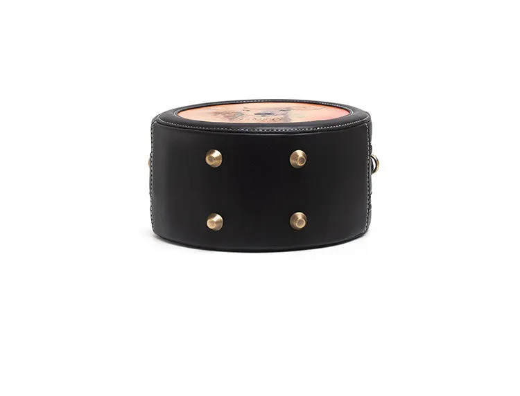Handmade Womens Black Leather Round Handbag Purse Round Birds Crossbody Bag for Women