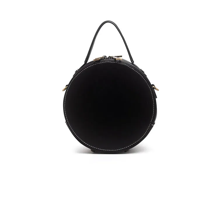 Handmade Womens Black Leather Round Handbag Purse Round Birds Crossbody Bag for Women