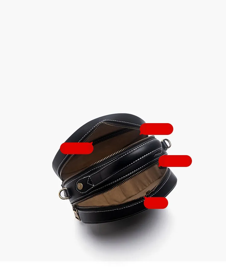 Handmade Womens Black Leather Round Handbag Purse Round Deer Crossbody Bag for Women