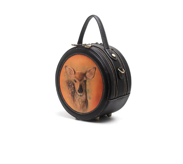 Handmade Womens Black Leather Round Handbag Purse Round Deer Crossbody Bag for Women