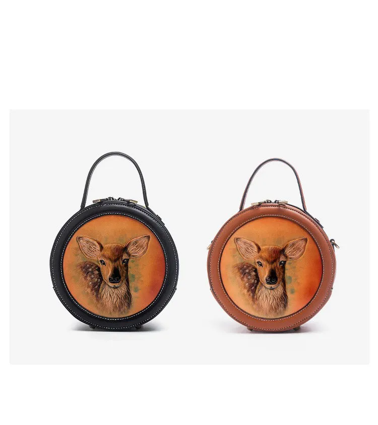 Handmade Womens Black Leather Round Handbag Purse Round Deer Crossbody Bag for Women