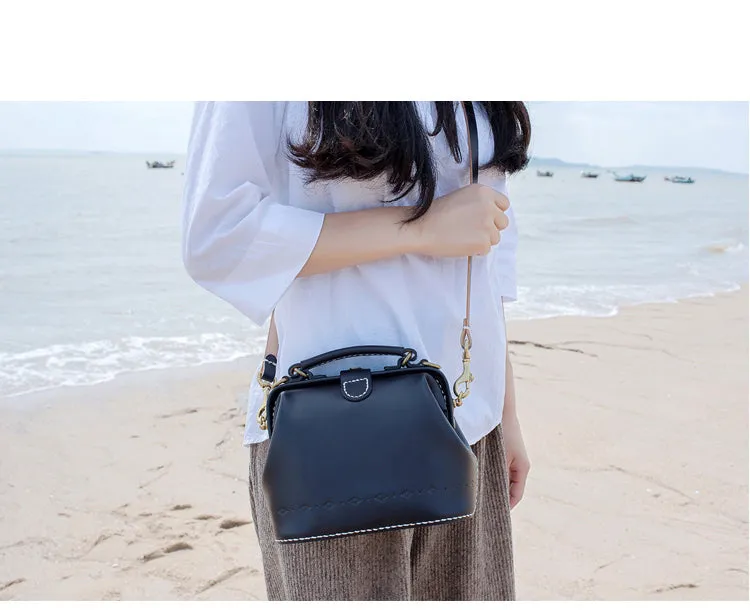 Handmade Womens Black Leather Small doctor Handbag shoulder doctor bags for women