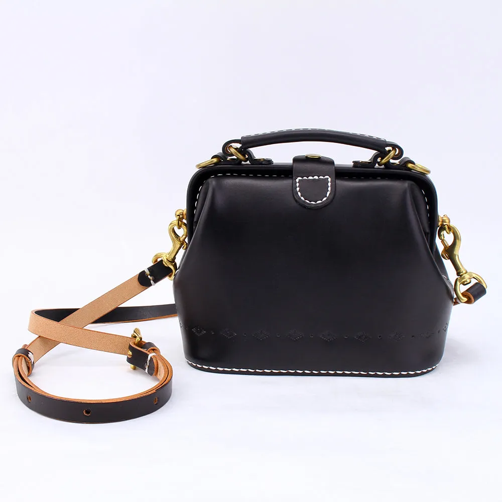 Handmade Womens Black Leather Small doctor Handbag shoulder doctor bags for women