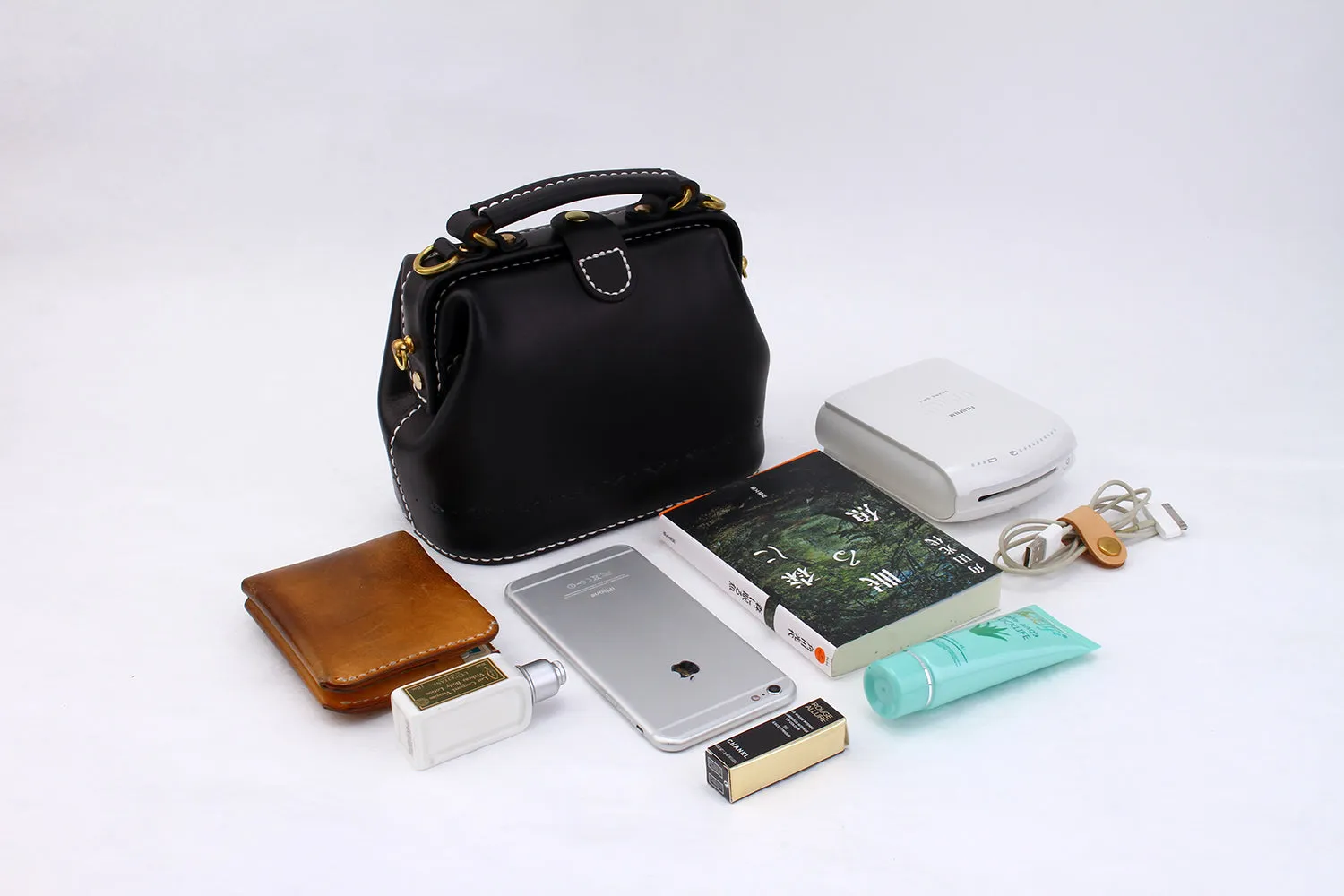 Handmade Womens Black Leather Small doctor Handbag shoulder doctor bags for women