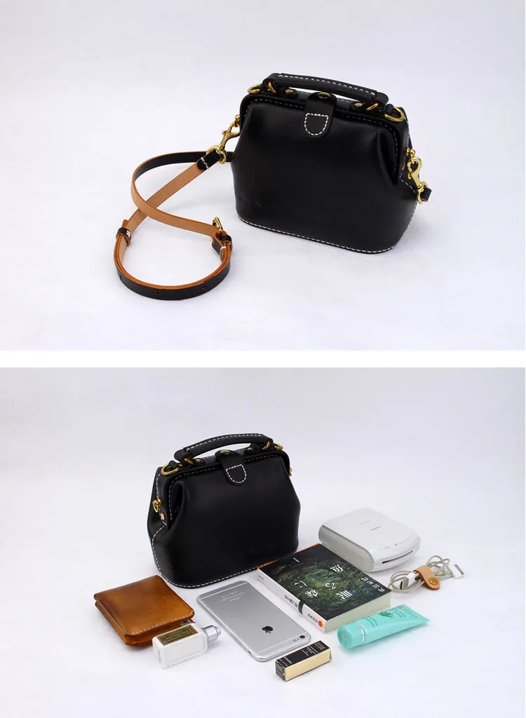 Handmade Womens Black Leather Small doctor Handbag shoulder doctor bags for women