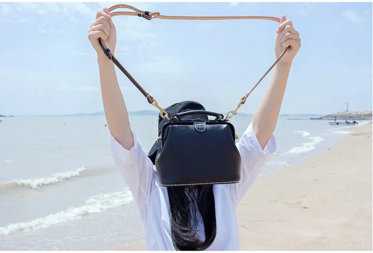 Handmade Womens Black Leather Small doctor Handbag shoulder doctor bags for women