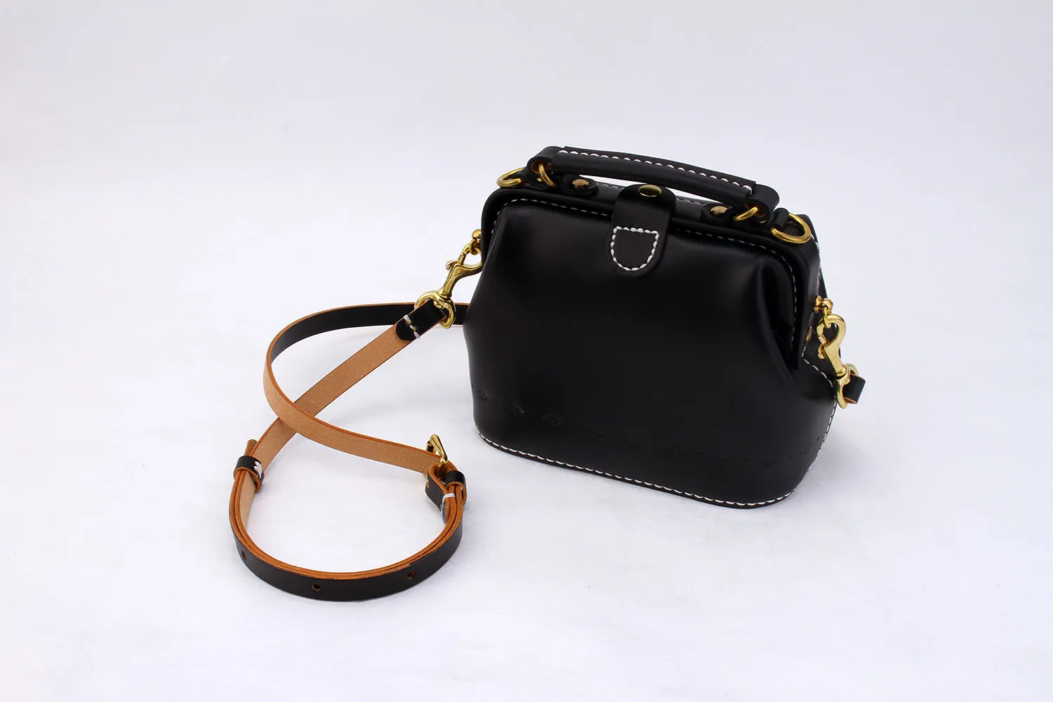 Handmade Womens Black Leather Small doctor Handbag shoulder doctor bags for women