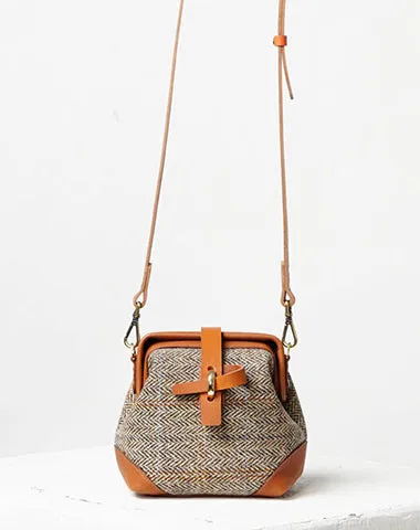 Handmade Womens Black&White Leather Tweed Doctor Handbag Small Side Purses Doctor Purse for Women