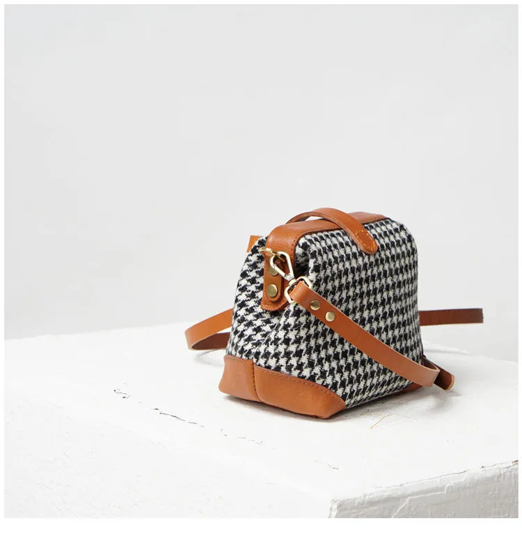 Handmade Womens Black&White Leather Tweed Doctor Handbag Small Side Purses Doctor Purse for Women