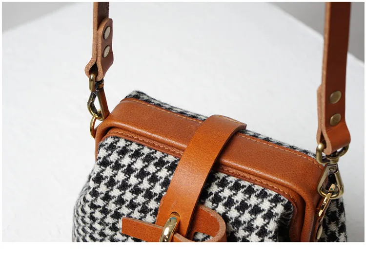 Handmade Womens Black&White Leather Tweed Doctor Handbag Small Side Purses Doctor Purse for Women